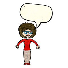 cartoon woman shrugging shoulders with speech bubble