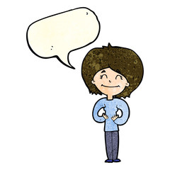 cartoon happy woman with speech bubble