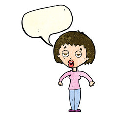 cartoon woman shrugging shoulders with speech bubble