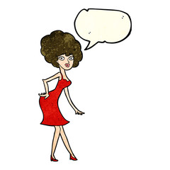 cartoon woman posing in dress with speech bubble