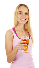 Young beautiful woman with glass of fresh apple juice, isolated on white