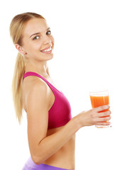 Young beautiful woman with glass of fresh orange juice, isolated on white