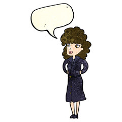 cartoon woman in trench coat with speech bubble