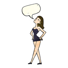 cartoon woman in party dress with speech bubble