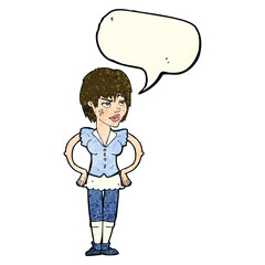 cartoon tough woman with hands on hips with speech bubble
