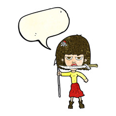 cartoon woman with knife and harpoon with speech bubble