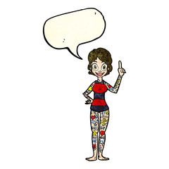 cartoon woman covered in tattoos with speech bubble