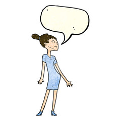 cartoon woman in dress with speech bubble