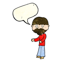 cartoon happy bearded man with speech bubble