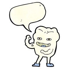 cartoon strong healthy tooth with speech bubble