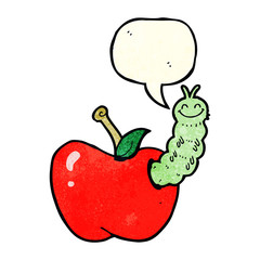 cartoon bug eating apple with speech bubble