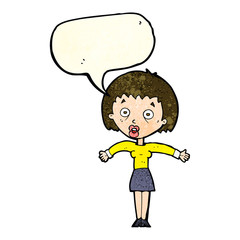 cartoon woman shrugging shoulders with speech bubble