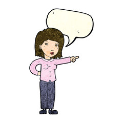 cartoon woman pointing with speech bubble
