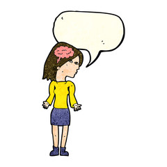 cartoon clever woman shrugging shoulders with speech bubble