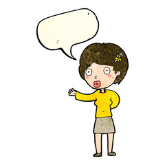 cartoon waving woman with speech bubble