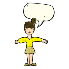 cartoon woman shrugging shoulders with speech bubble