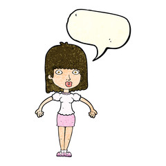 cartoon woman shrugging shoulders with speech bubble