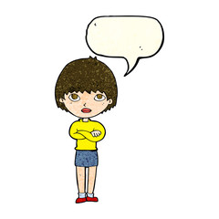 cartoon woman with crossed arms with speech bubble