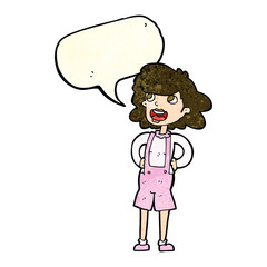 cartoon woman in dungarees with speech bubble