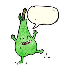 cartoon happy dancing pear with speech bubble