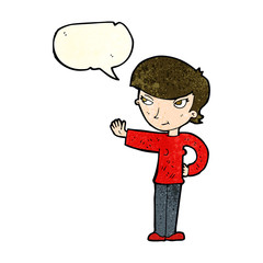cartoon woman waving with speech bubble
