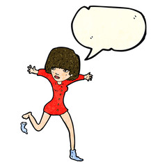 cartoon woman kicking off sock with speech bubble