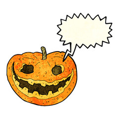 cartoon spooky pumpkin with speech bubble
