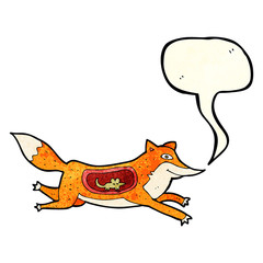 cartoon fox with mouse in belly with speech bubble