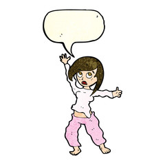cartoon frightened woman with speech bubble