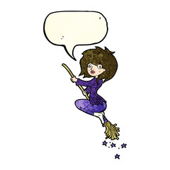 cartoon witch riding broomstick with speech bubble
