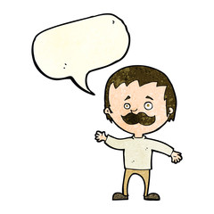 cartoon man with mustache waving with speech bubble
