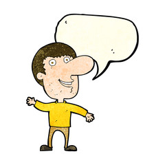 cartoon waving man with speech bubble