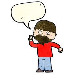 cartoon man giving peace sign with speech bubble