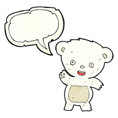 cartoon waving polar bear with speech bubble