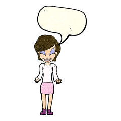 cartoon happy woman shrugging shoulders with speech bubble