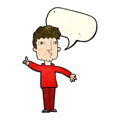 cartoon man raising point with speech bubble