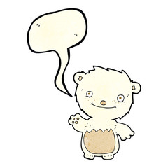 cartoon waving polar bear cub with speech bubble