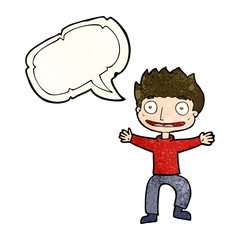 cartoon grinning boy with speech bubble