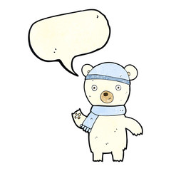 cartoon waving polar bear with speech bubble