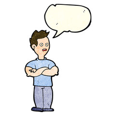 cartoon man with crossed arms with speech bubble