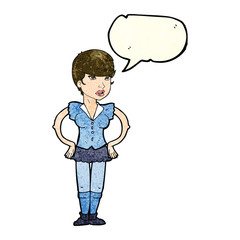 cartoon woman with hands on hips with speech bubble