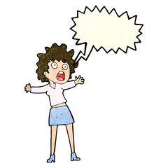 cartoon frightened woman with speech bubble