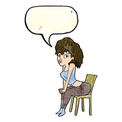 cartoon woman posing on chair with speech bubble