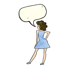 cartoon woman posing in dress with speech bubble