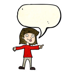 cartoon happy woman pointing with speech bubble