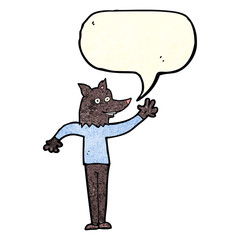 cartoon waving wolf man with speech bubble