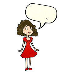cartoon happy woman in dress with speech bubble
