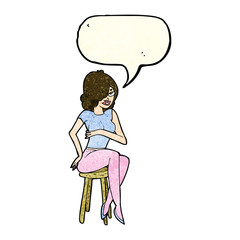 cartoon woman sitting on bar stool with speech bubble