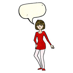 cartoon woman in dress with speech bubble