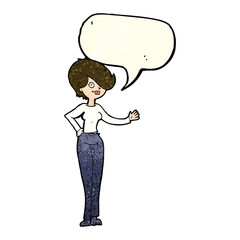 cartoon woman waving with speech bubble